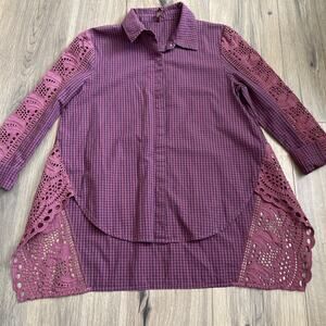 XCVI Button Up Shirt Sz Small Purple Pink Check Poplin Tunic Top Crochet Accent